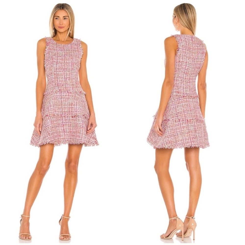 BOGO! Revolve Likely Tweed Fringe Jewel Mini Dress Pink Metallic Size 8